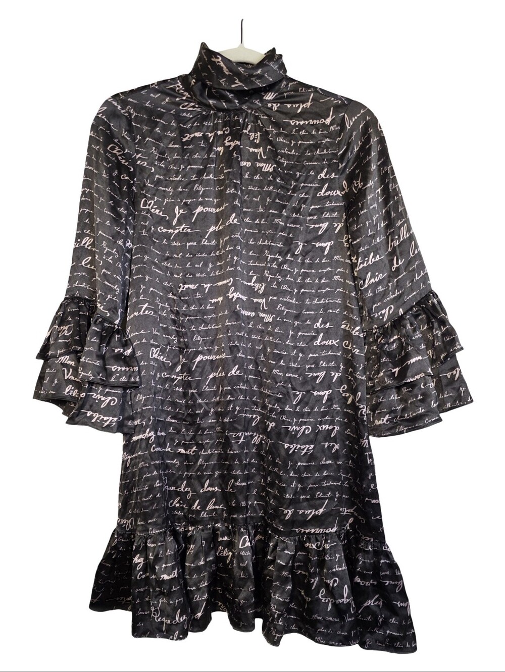 Cinq à Sept Love Note Script Print Ruffle Mock Neck Mini Dress Black Pink - Picture 2 of 11